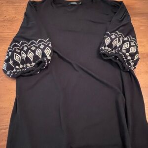 CURE Short Sleeve Black Top with Embroidered Sleeves - Size M
